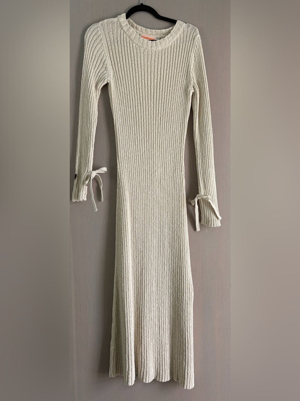 Ribbed Long-Sleeve Maxi Dress in Cream with Tie Cuffs
